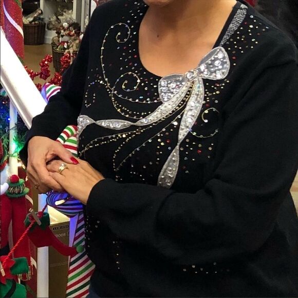 FESTIVE Bow Sparkle Top black sweater w/silver - Picture 1 of 7